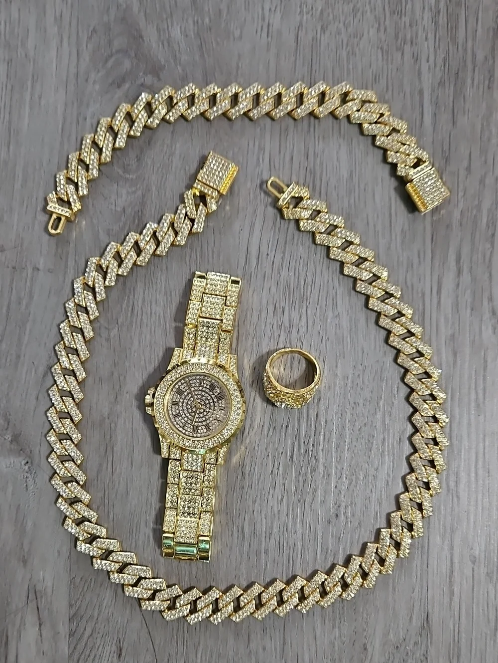 Gold-Tone Men Pave Cuban Link Necklace, Bracelet, Watch & Ring Set